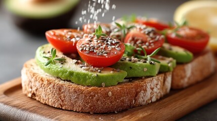 Freshly prepared avocado toast with cherry tomatoes, herbs, and seeds is sprinkled with seasoning, showcasing a healthy and delicious breakfast or snack.