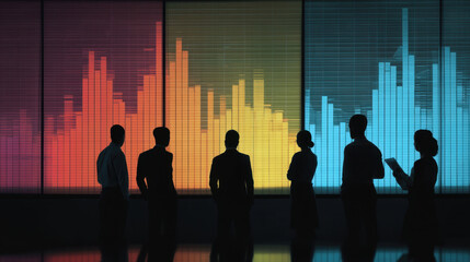 Silhouettes of business professionals observing colorful data visualizations on screens, representing analysis and teamwork in modern office environment