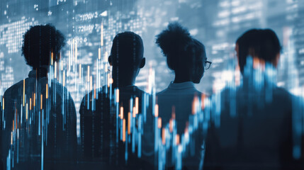 Innovative individuals observing financial data trends, showcasing teamwork and analysis in modern business environment. scene reflects determination and insight into market dynamics