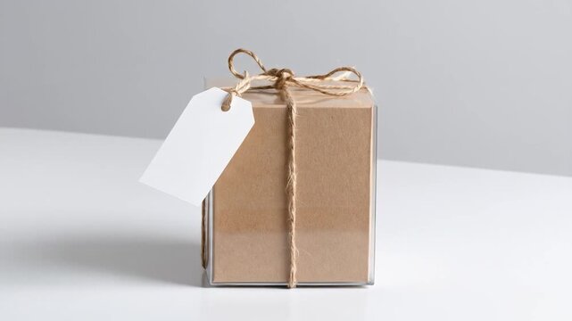Brown Paper Gift Box with Twine and Blank White Tag on White Surface