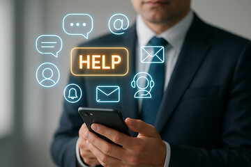 Businessman holding smartphone with digital help and customer support icons for online assistance and communication services