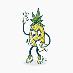 A Happy Pineapple Character Uses a Smartphone