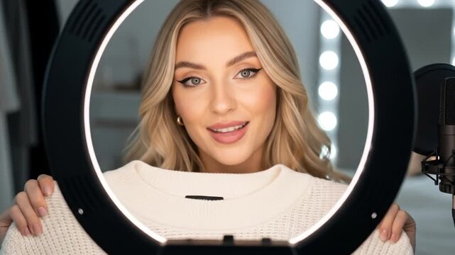 Blonde woman framed by ring light, wearing a white sweater, addressing the viewer. Microphone visible