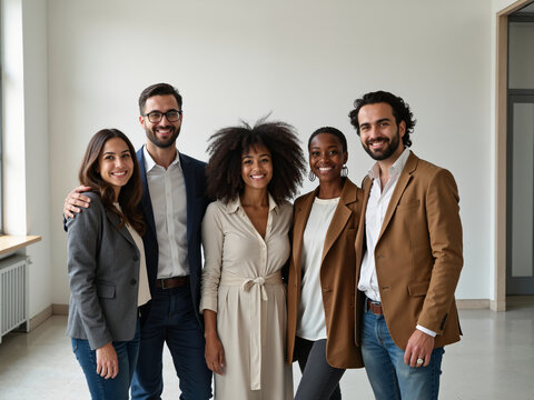 A diverse group of young professionals poses together in a modern office space, representing a blend of cultures and backgrounds, showcasing collaboration and teamwork in a technology-driven world