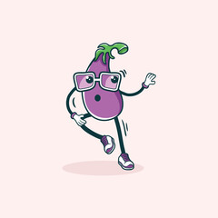 A fun cartoon eggplant dances wearing glasses and sneakers