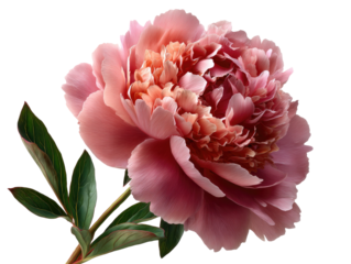 Close-up of a blush pink peony, with delicate leaves