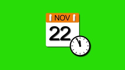 November 22 date calendar icon animation . calendar animation clean and green background. and stunning 4k animation.