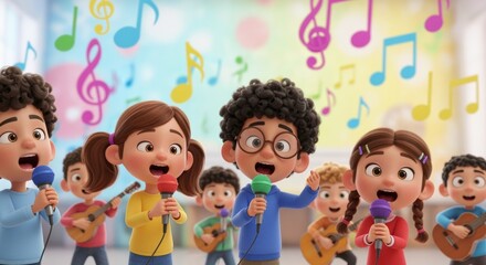 A choir of adorable children sings their hearts out surrounded by colorful musical notes