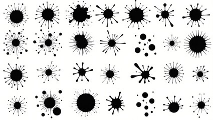 Collection of black ink splatters and splashes with radial patterns