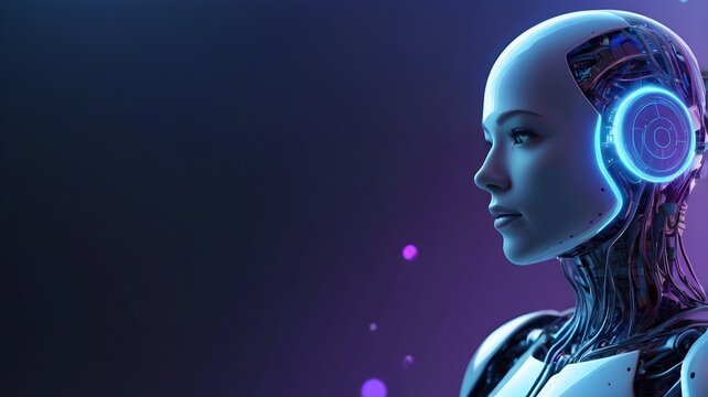 Stunning futuristic female android with glowing blue circuits, representing AI and advanced technology.