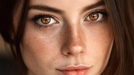 Fototapeta premium Close up portrait of young woman with striking brown eyes and freckles, showcasing her natural beauty and captivating expression. soft lighting enhances her features, creating intimate atmosphere