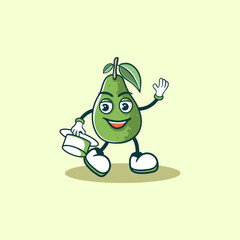 A happy avocado character waves holding a hat