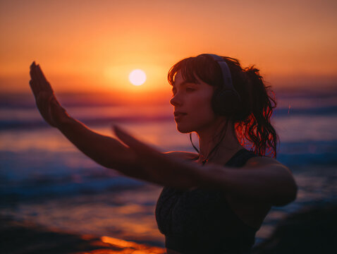 Sunset Woman Beach Headphones Fitness Meditation Silhouette Ocean Exercise Relaxation Wellness Beauty Nature Calm Serenity Lifestyle Active Mindfulness Peace Summer Health Portrait Leisure Tranquility