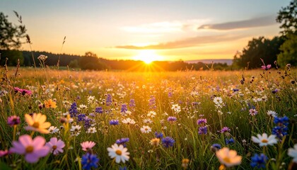 Naklejka premium Greeting Card Template Featuring Sunset Meadow and Floral Pastel Elements Creating an Elegant and Peaceful Landscape Perfect for Invitations or Seasonal Messages
