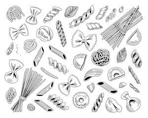 Assortment of hand drawn pasta shapes on a white background