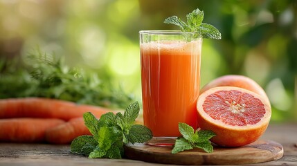 Fototapeta premium Fresh carrot and grapefruit juice with mint garnish for healthy lifestyle and wellbeing
