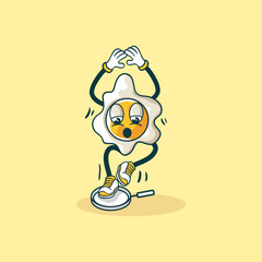 A cartoon fried egg character dances near a frying pan
