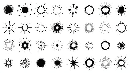 Collection of abstract starburst and oval shapes in black and white