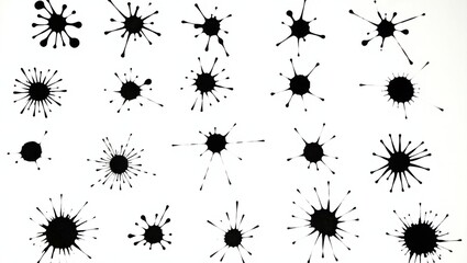 Collection of abstract black ink splatters and starburst shapes on white background