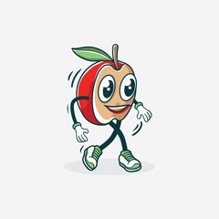 A happy apple character walks briskly across the ground