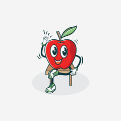 A happy apple character sits on a small wooden chair