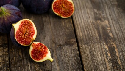 Fresh figs halved, displaying their vibrant red interior, are arranged on a weathered wooden surface.