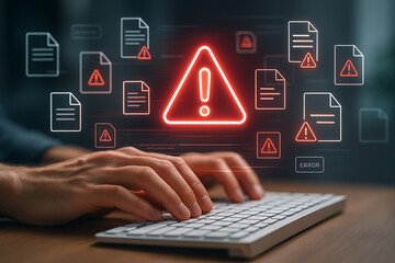 Close-up of hands typing on keyboard with digital error and warning icons for cybersecurity threat detection and system alert management
