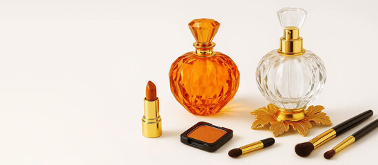 Round orange transparent glass bottle in the shape of a pumpkin with perfume, on a light background, Halloween holiday card