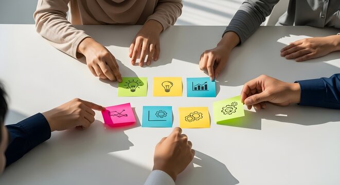 Diverse business team collaborating in a creative brainstorming session, using colorful sticky notes with icons to plan strategy.