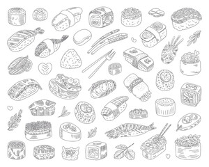 Hand drawn sketch of various delicious sushi and sashimi dishes