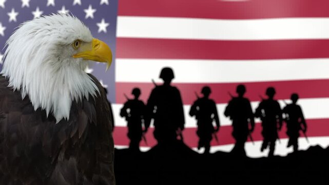American bald eagle and marching soldiers silhouettes over United States flag. . USA as a world Superpower.