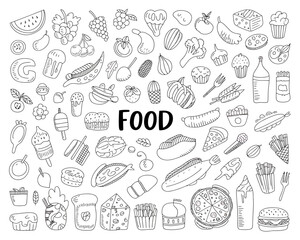 Doodle art collection of various foods and drinks