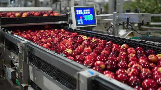 Efficient mechanical sorter aligns red apples for grading, utilizing advanced sensors to assess size and shape during inspection.