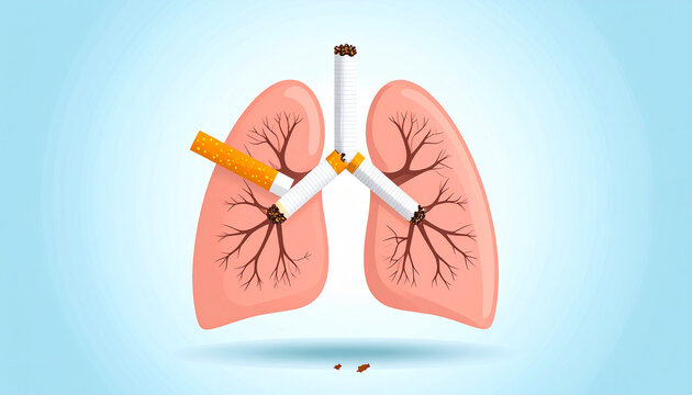 A flat vector graphic showing stylized human lungs being damaged by a broken cigarette, illustrating a serious health concept on a light blue background.