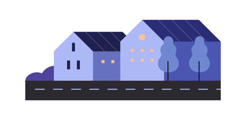 Suburban countryside at night. Geometric landscape of suburb with residential buildings, houses near road. Evening village street with cottages, villas. Flat isolated vector illustration on white.