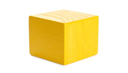 A vibrant yellow wooden cube, showcasing a smooth finish and simple form.