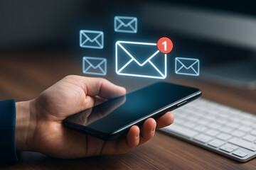 Email notification on smartphone with holographic icons representing digital communication, online message alerts and inbox updates
