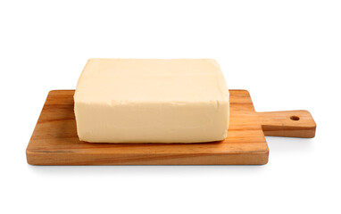 Wooden board with fresh butter on white background