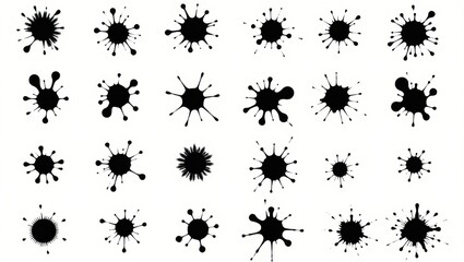 Collection of black ink splatters and splashes on a white background
