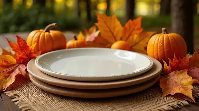 Autumnal table setting with pumpkins and fall leaves featuring stacked plates and burlap runner