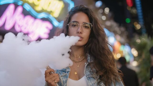 A stylish young woman with glasses exhales a dramatic vapor plume against a backdrop of glowing neon signs, holding a sleek metallic vaping device.