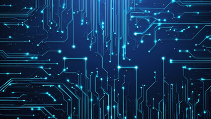 Abstract glowing blue and green digital circuit board pattern with interconnected lines and dots on a dark background