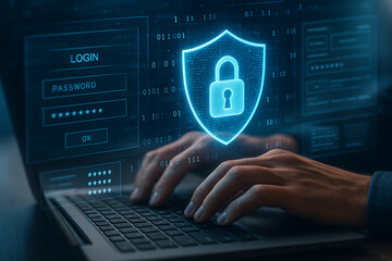 Hands typing on laptop with glowing digital shield and lock symbol representing login security, password protection and cybersecurity