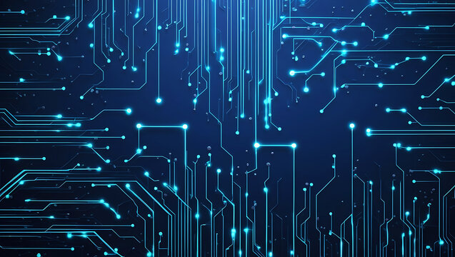 Abstract glowing blue and green digital circuit board pattern with interconnected lines and dots on a dark background