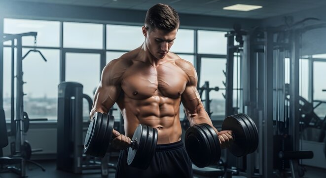 Young handsome sportsman, bodybuilder, weightlifter with an ideal body, after coaching poses in front of the camera, abdominal muscles, biceps triceps. In sportswear