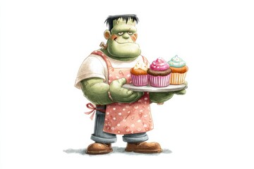 Obraz premium A Frankenstein monster in an apron holds decorated cupcakes, mixing fantasy with the theme of cooking and baking.