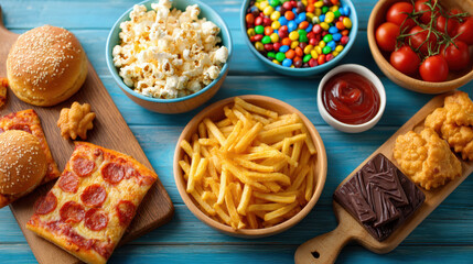 Assortment of colorful processed junk foods creating unhealthy
