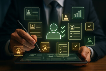 Human resources recruitment with holographic profile documents and resume data icons representing hiring, selection and employee management