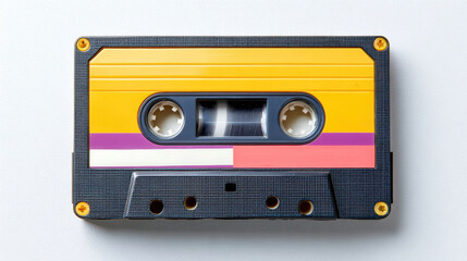 Obraz premium Vintage cassette tape with yellow and colorful label on white