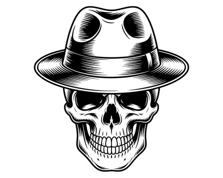 Skull wearing a fedora hat in black and white style - Powered by Adobe